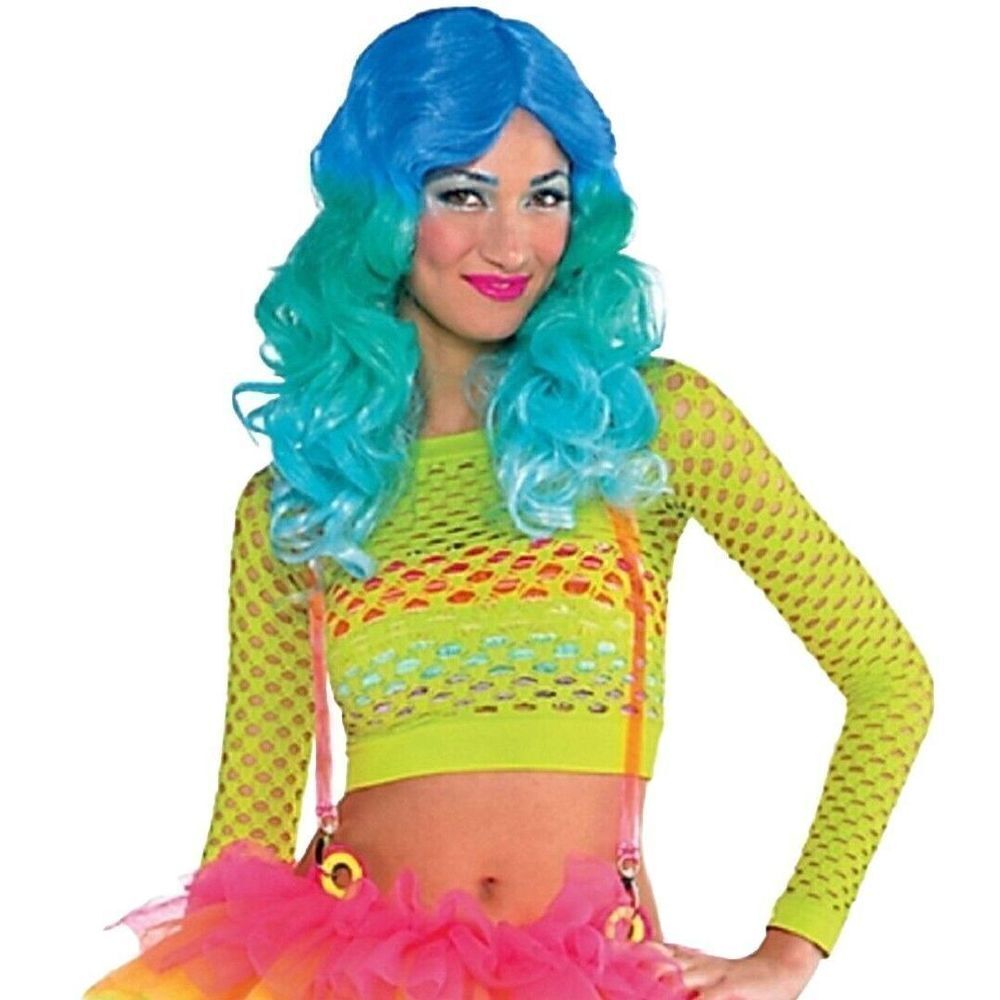 Neon Fishnet Crop Top Shirt Laser Cut 80s Electronica Costume Novelty Club Dance